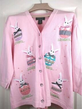 VTG Terazzo Easter Bunny Cardigan‎ Sweater XL Pink Beaded Appliqué Grandmacore